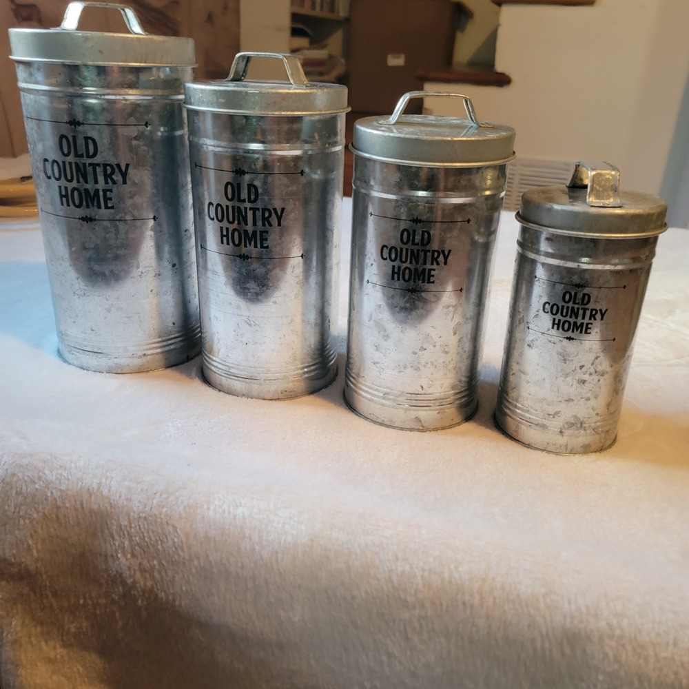 Old Country Home Metal Canister Set of 4, Silver, Twist Off Lids, Country Style - Picture 2 of 5